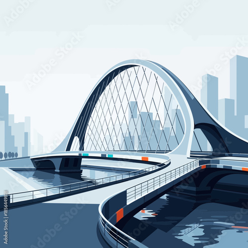 Modern bridge over water with city skyline in the background.
