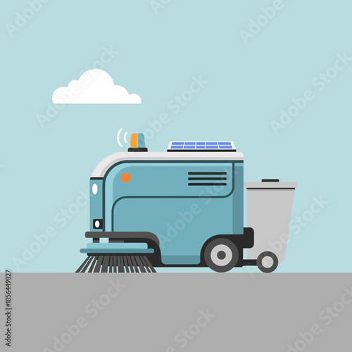 A blue street sweeper with solar panels and a bin is shown.
