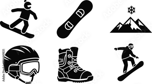 Snowboarding icons set with snowboarder, gear, helmet, boots, mountain and winter sports symbols in black silhouette style for vector design