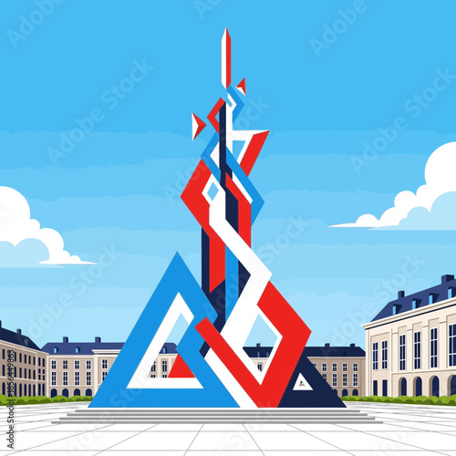 Abstract monument with red white and blue geometric shapes in a plaza.