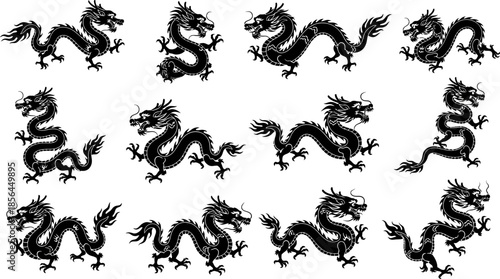 Collection of traditional Chinese dragon silhouettes in various poses and orientations