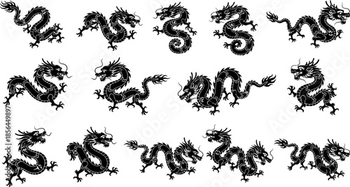 collection of black chinese dragon silhouettes in various poses on white background