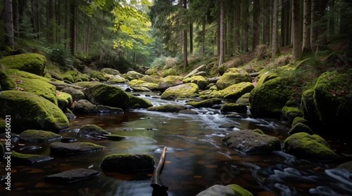 Serene forest stream flows gently through a mossy landscape in a tranquil natural video setting