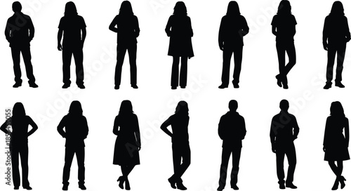 Standing people silhouettes collection, men women casual poses, human figures set, black shadow characters isolated on white background