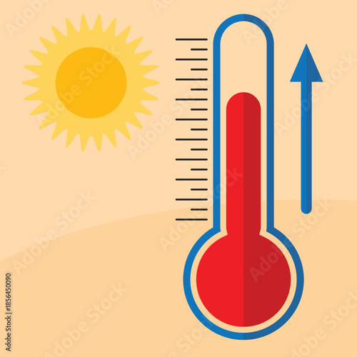 Global Warming and Heatwave Concept with High Temperature Thermometer and Hot Sun Flat Vector Illustration