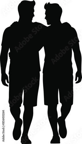 Two friends walking together silhouette, male friendship bond, companionship and support concept, black and white vector illustration