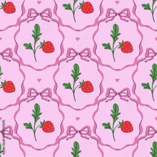 Seamless pattern with strawberries and bows on a pink background. Vector graphics.