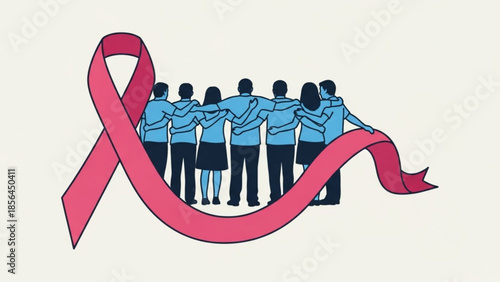Diverse Group of People with Pink Ribbon Symbolizing Breast Cancer Awareness