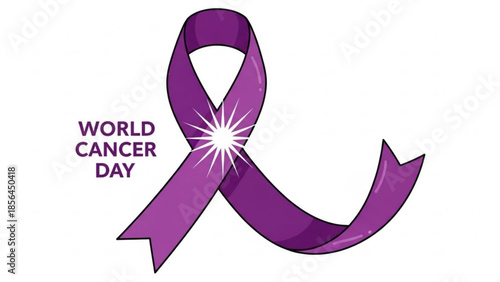 Purple ribbon with starburst for world cancer day awareness campaign symbolizing hope and support for cancer research and patients