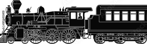 Vintage steam locomotive illustration, classic railway train engine with passenger car, historical transportation silhouette, retro railroad design