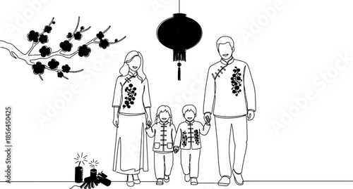 family in traditional chinese clothing standing together with lantern and fireworks