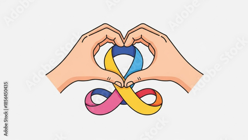 Hands forming heart shape with colorful ribbons, symbolizing love, unity, and support, for social causes and awareness campaigns