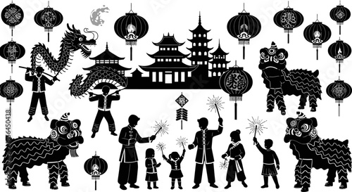 Chinese New Year celebration elements with people dragon dance lion dance fireworks lanterns and pagoda silhouettes on white background