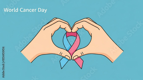 World cancer day awareness symbol pink blue ribbon hands heart shape support