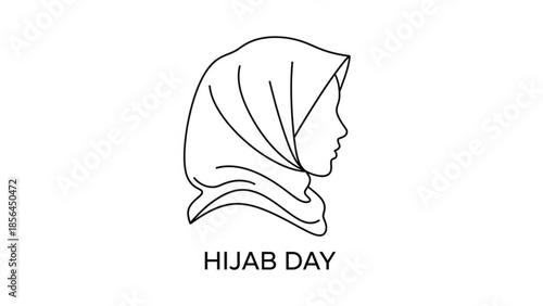 Hijab day celebration, woman wearing headscarf, cultural diversity, female empowerment, islamic tradition, modest fashion, head covering, profile view, line art