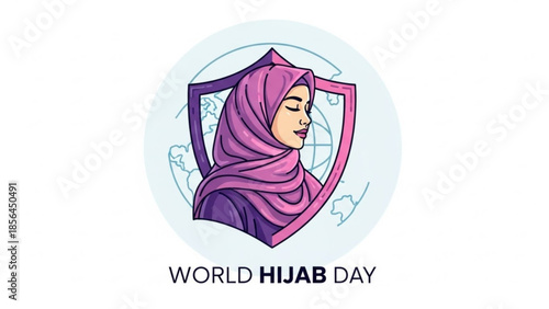 World hijab day, woman wearing pink hijab and purple shirt, shield and globe background, celebrating cultural diversity and religious freedom, female empowerment