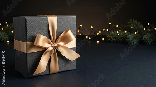 Luxury black gift box tied with golden silk ribbon on dark background with Christmas lights and evergreen branches, ideal for copy space