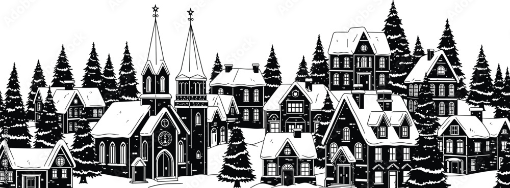 Fototapeta premium Winter snow village landscape with church, houses, pine trees, snowfall, holiday scenery, Christmas town illustration, festive season wintertime decorative artwork