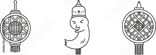 Tibetan prayer flags and a smiling bird with a hat on a white background