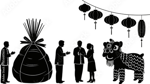 Chinese New Year celebration with people and lion dance  traditional cultural festival