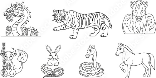 black and white line drawings of various animals for coloring book pages