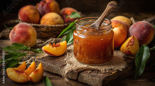 Homemade peach jam in a glass jar, surrounded by fresh peaches and slices. A rustic spoon rests inside the jar, atop a wooden board creating a warm, inviting scene.