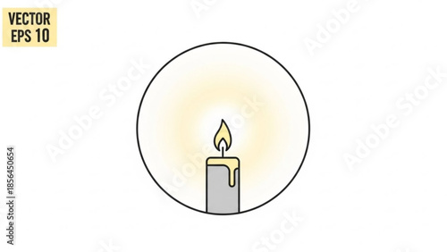 Vector illustration of a single lit candle with a flame and melted wax, isolated on a white background with a subtle glow effect around it