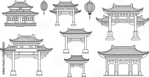 Collection of traditional Chinese architectural structures and lanterns in a line drawing style