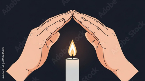 Hands shielding a lit white candle flame on black background, symbolizing protection, care, and warmth in a simple illustration