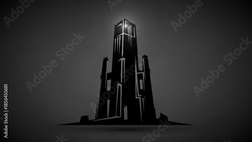 Futuristic Tower with Neon Lights on Dark Background, 3D Rendering, Isolated and Monochrome