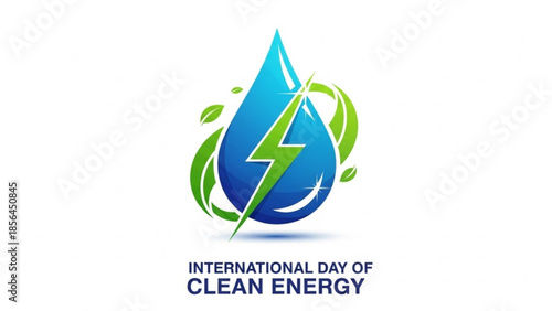 International day of clean energy concept with green lightning bolt and water droplet symbolizing renewable power and sustainability