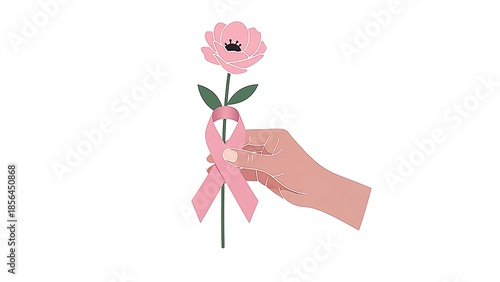 Elegant Illustration of Hand Holding Flower with Pink Ribbon Symbolizing Support
