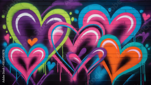 Colorful Overlapping Hearts Graffiti on Urban Brick Wall with Dripping Paint Effect