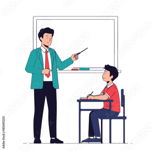 Teacher instructing a student in a classroom, pointing at a whiteboard with colorful markers