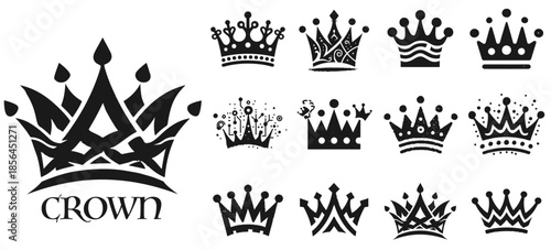 Crown icon set. Royal crown symbol collection.