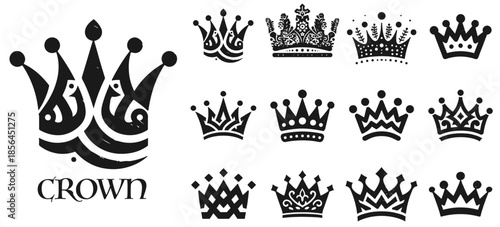 Crown icon set. Royal crown symbol collection.