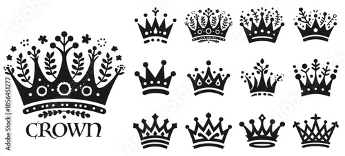 Crown icon set. Royal crown symbol collection.
