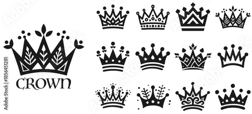Crown icon set. Royal crown symbol collection.