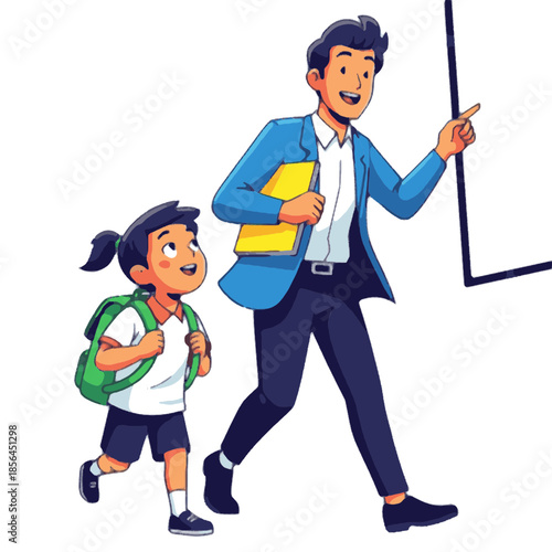 A Teacher and Student Walking Together with a Book and Backpack