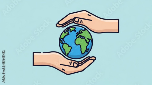 Hands holding the earth globe with care and protection on a light blue background, symbolizing environmental conservation and sustainability