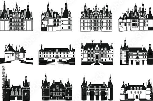 French château silhouette vector, historic architecture design, black and white castle art, cad drawing flat vector illustration
