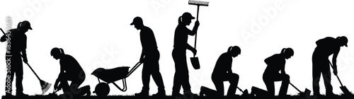 Gardening silhouette vector illustration, outdoor teamwork design, landscaping activity art, black worker poses, cad drawing flat vector illustration