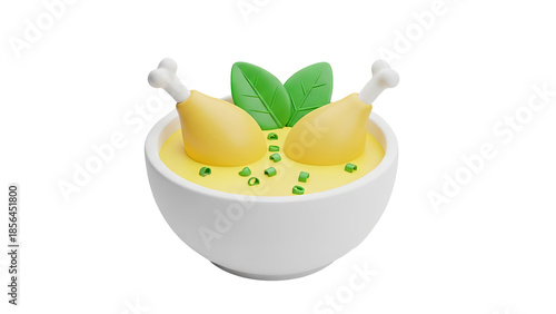 3D Render of Chicken Soup with Drumsticks on transparent background