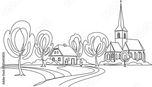 Village line art vector illustration, countryside road and church design, black and white rural scene, cad drawing flat vector