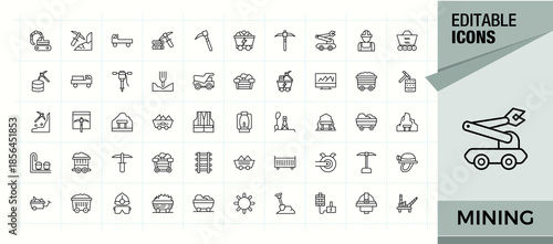 Mining vector icon set. Mineral line icon set. Minimalist editable vector stroke. Includes symbols for underground, industrial, mine, mineral and more. Vector collections.