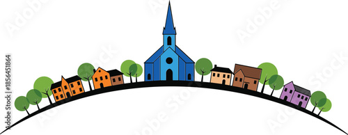 Village landscape vector illustration, colorful houses and church, curved hill design, peaceful scenery art, cad drawing flat vector illustration