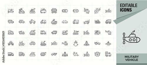 Military Vehicle linear icon set. Featuring travel, taxi, motor, transport, Helicopter, bus, transportation, automobile and more. Vehicle icon. Icons for application. Signs for web and mobile app.