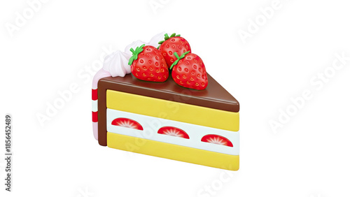 3D Slice of Strawberry Cake with Whipped Cream and Chocolate Ganache on transparent background