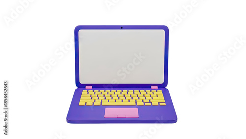 3D Stylized laptop with blank screen and colorful keyboard on transparent background