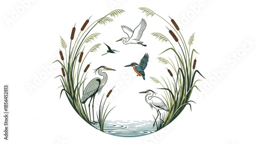 A serene wetland scene with herons, a kingfisher, and various waterfowl amidst lush cattails and rippling water, evoking tranquility and connection to nature